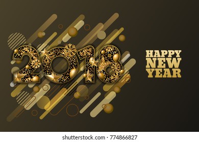 Happy New Year 2018 vector paper cut banner or greeting card. 3d gold numbers with stars and snowflakes on geometric shapes black background. Trendy design elements for poster, party invitation.