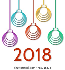 Happy New Year. 2018. Vector illustration with christmas balls made in quilling art style isolated on white background.