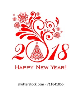 Happy new year 2018! Vintage card. Celebration background with Christmas tree and place for your text. Vector Illustration