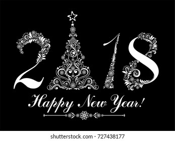 Happy new year 2018! Vintage card. Celebration black background with Christmas tree and place for your text. Illustration