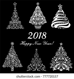 Happy new year 2018! Vintage card. Celebration black background with Christmas tree and place for your text. Vector Illustration
