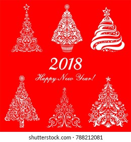 Happy new year 2018! Vintage card. Celebration red background with Christmas tree and place for your text. Illustration
