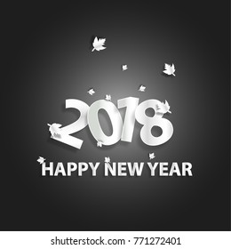 happy new year 2018 White text, leaves scattered with a bright black background, paper art style