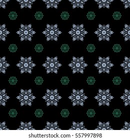 Happy New Year 2018 winter background. Vector design for textile, wallpaper, fabric, wrapping paper. Green and neutral and black simple seamless Christmas pattern - varied Xmas snowflakes with dots.