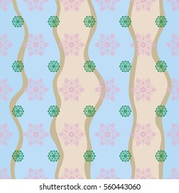 Happy New Year 2018 winter background. Vector design for textile, wallpaper, fabric, wrapping paper. Neutral and green and wave simple seamless Christmas pattern - varied Xmas snowflakes with dots.