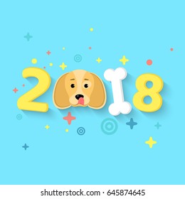 Happy New Year 2018. The year of the yellow earth dog. Figures of chaotic size in 3d style. White bone. The falling shadow. Vector illustration in a flat style