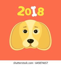 Happy New Year 2018. The year of the yellow earth dog. Beautiful figures on a red background. White bone. The falling shadow. Vector illustration in a flat style