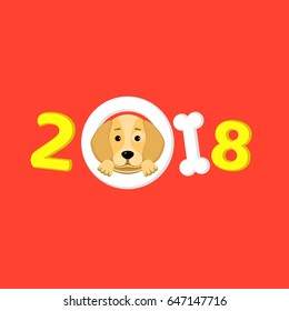 Happy New Year. The year 2018 is a yellow earth dog. A lovely cartoon dog looks. Cartoon figures. Red background. Cover for the calendar. Vector illustration in a flat style