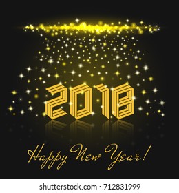 Happy New Year 2018 yellow isometric text. Winter Holiday greeting card template vector illustration. Shiny composition falling stars and sparks of the fireworks or Bengal lights.