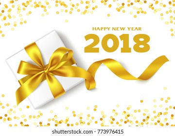 Happy New Year 2018.Decorative New Year background with gift box, golden bow, gold confetti and 
2018 greeting text. Winter holiday template design
