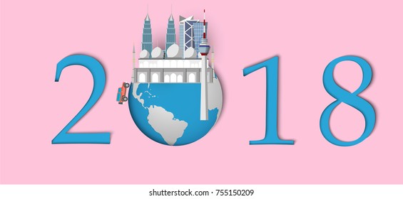 Happy new year 2018.Landmarks of Malaysia on the globe.paper art and craft style