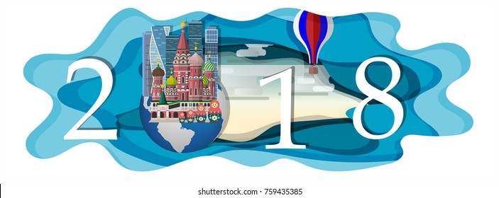 Happy new year 2018.Landmarks of Moscow Russia on the globe.paper art and craft style