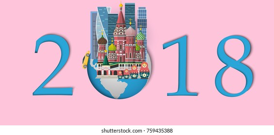 Happy new year 2018.Landmarks of Moscow , Russia on the globe.paper art and craft style