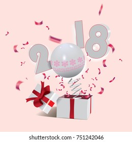 Happy New Year 2018,surprising box with a numbers and red confetti jumping out like a jack in the box isolated on the light background.Vector illustration.