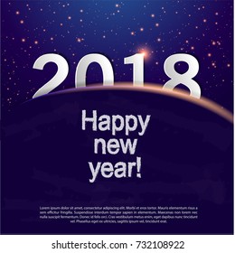 Happy New Year 2018.Template for cards and greetings.Christmas celebration. White, dark Blue.Shine