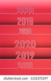 Happy New Year 2019 and 2018, 2020 background. Set of calendar design typography. Year number with outline digits. Vector illustration. Isolated on red background