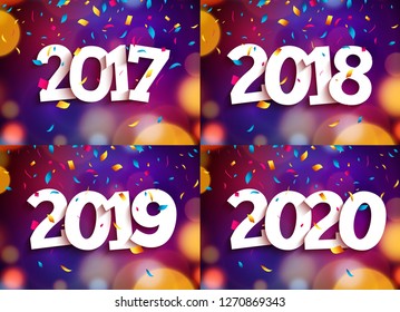 Happy New Year 2019 2018 2020 background decoration. Greeting card design template confetti