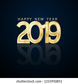 Happy New Year 2019 3D font design on a gold background.