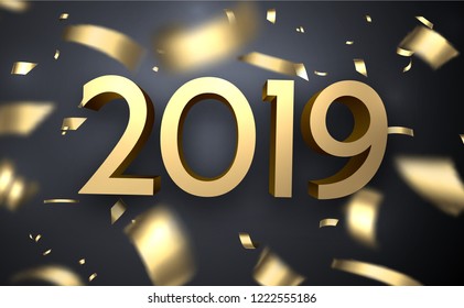 Happy New Year 2019 3d festive poster with golden blurred confetti. Vector background.