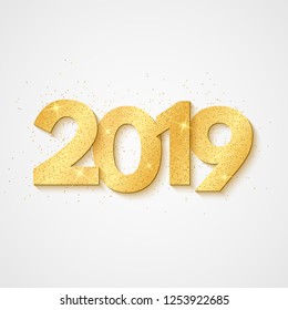 Happy New Year 2019. 3d Numbers of golden glitters. Luxury holiday web background. Shimmering lights. Vector illustration. EPS 10