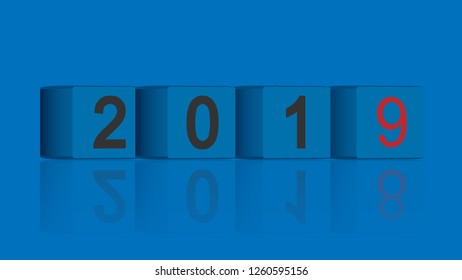 Happy New Year 2019. 3d cube. Changing counting numbers, vector