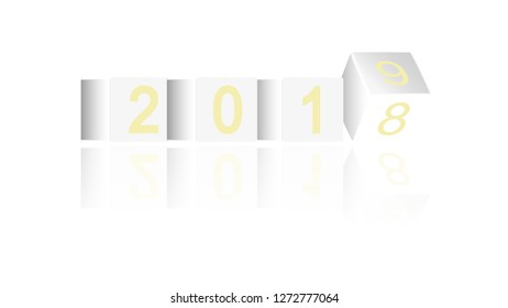 Happy New Year 2019. 3d cube. Changing counting numbers, vector