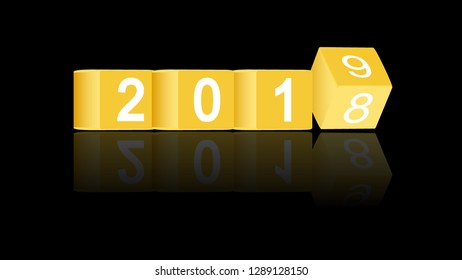 Happy New Year 2019. 3d cube. Changing counting numbers, vector