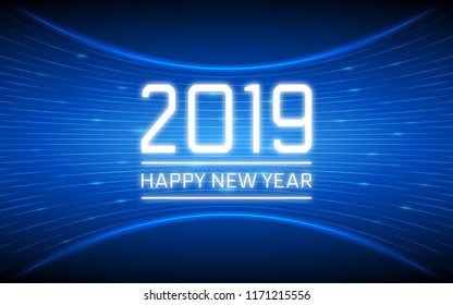 Happy new year 2019 in abstract technology curve lines pattern and glitter on dark blue color background