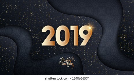 Happy New Year 2019 abstract template. Vector illustration of wavy paper cut background with grunge golden dust overlay texture and holiday snowflakes pattern over dark background for your design
