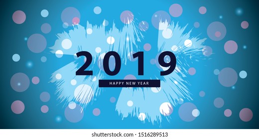  Happy new year 2019 with abstract bokeh and lens flare pattern in vintage blue color background