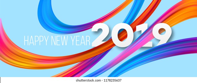 Happy New Year 2019 acrylic banner design. Vivid brushstrokes on blue background. 2019 New Year greeting. Oil paint ribbons. Rainbow brush strokes. Postcard design element. Isolated vector