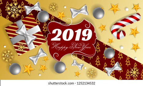 Happy New Year 2019, Ads Cover, Xmas Balls, Golden Flake of Snow and Stars, Gift Box, Bow Tie, Christmas Candy Cane, Vector Illustration