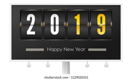 Happy new year 2019. Airport timetable with number of new year on billboard. Flip countdown timer. Mechanical scoreboard of counter of elapsed time. Vector template for holidays party banners.