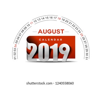 Happy new year 2019 August Calendar - New Year Holiday design elements for holiday cards, calendar banner poster for decorations, Vector Illustration Background. 