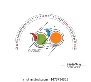 Happy new year 2019 August Calendar - New Year Holiday design elements for holiday cards, calendar banner poster for decorations, Vector Illustration Background.