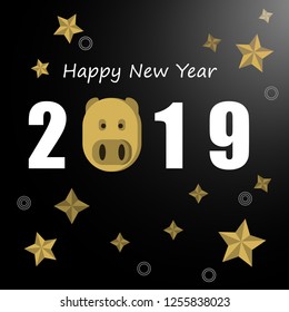 Happy New Year 2019 The back is black and the stars are golden.,Vector illustration