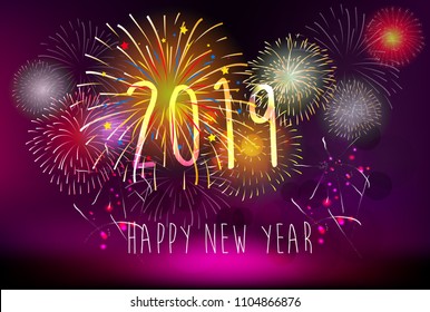 Happy new year 2019 with background fireworks