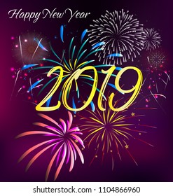 Happy new year 2019 with background fireworks