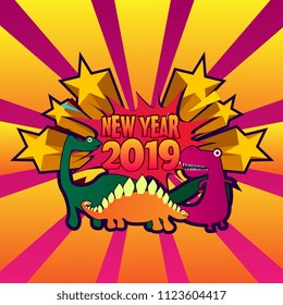 happy new year 2019 background or banner with pop art style and monster illustration. Beautiful background or greeting card 