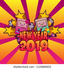 happy new year 2019 background or banner with pop art style and monster illustration. Beautiful background or greeting card 