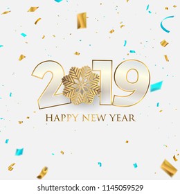Happy New Year 2019 background. Greeting card design template gold and blue confetti. Celebrate brochure or flyer.