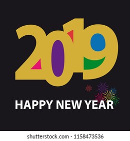 Happy New Year 2019 Background - Colorful Vector Illustration With Fireworks - Isolated On Black Background