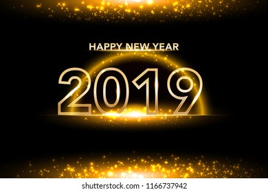 Happy New Year 2019 background with gold glitter confetti splatter. Festive premium design template for greeting card, calendar, banner. glowing lights circle on black background. Vector illustration