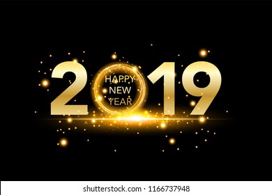 Happy New Year 2019 background with gold glitter confetti splatter. Festive premium design template for greeting card, calendar, banner. glowing lights circle on black background. Vector illustration