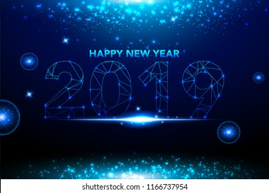 Happy New Year 2019 background with blue glitter confetti splatter. Festive premium design template for greeting card, calendar, banner. glowing lights triangl on dark background. Vector illustration