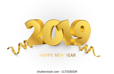 Happy New Year 2019 background. Greeting card design template gold confetti. Celebrate brochure or flyer.