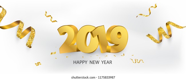 Happy New Year 2019 background. Greeting card design template gold confetti. Celebrate brochure or flyer.