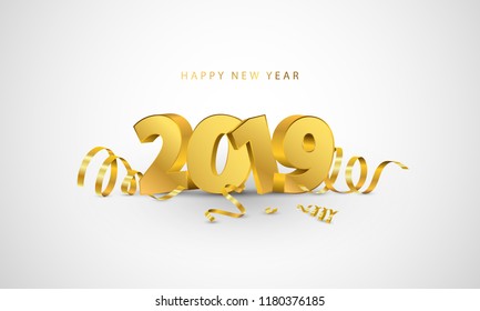 Happy New Year 2019 background. Greeting card design template gold confetti. Celebrate brochure or flyer.