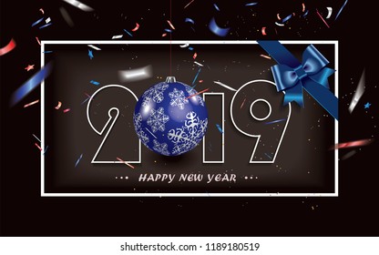 Happy New Year 2019 background with blue gift bow,Christmas decoration and defocused transparent colorful confetti
