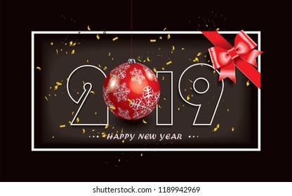 Happy New Year 2019 background with red gift bow,Christmas decoration and golden confetti